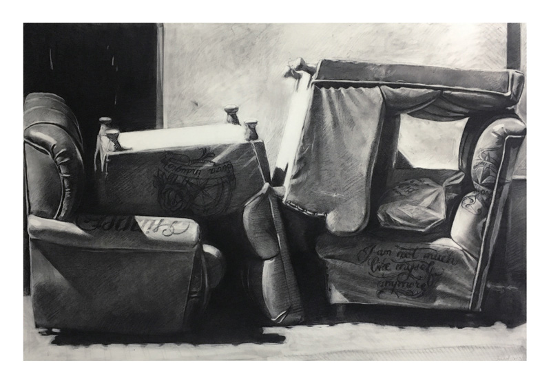 TATTOOED_CHAIRS. Carbón sobre papel. 70 x 100 cms.  2019